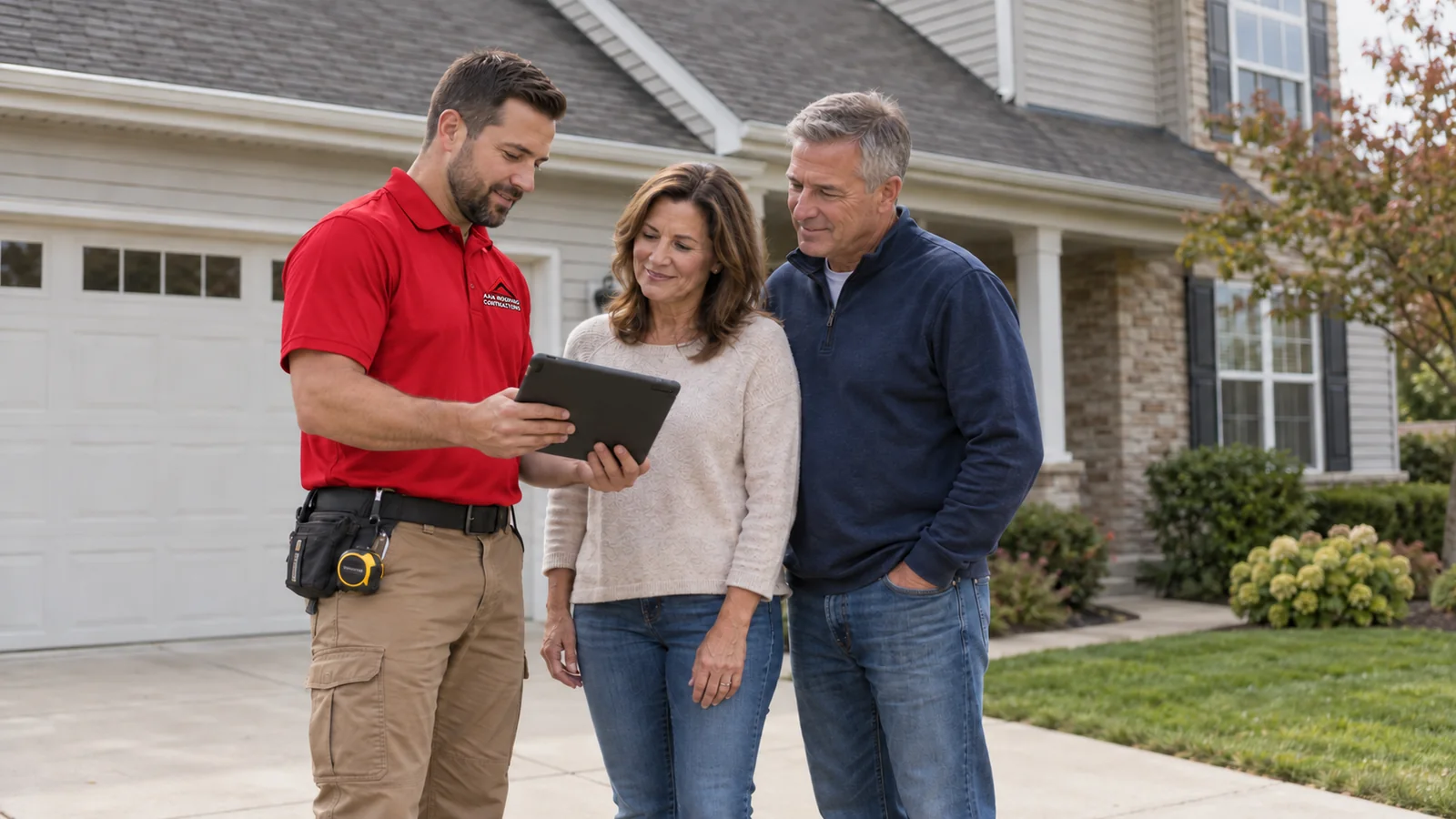 Illustrative roof inspector consultation with two homeowners