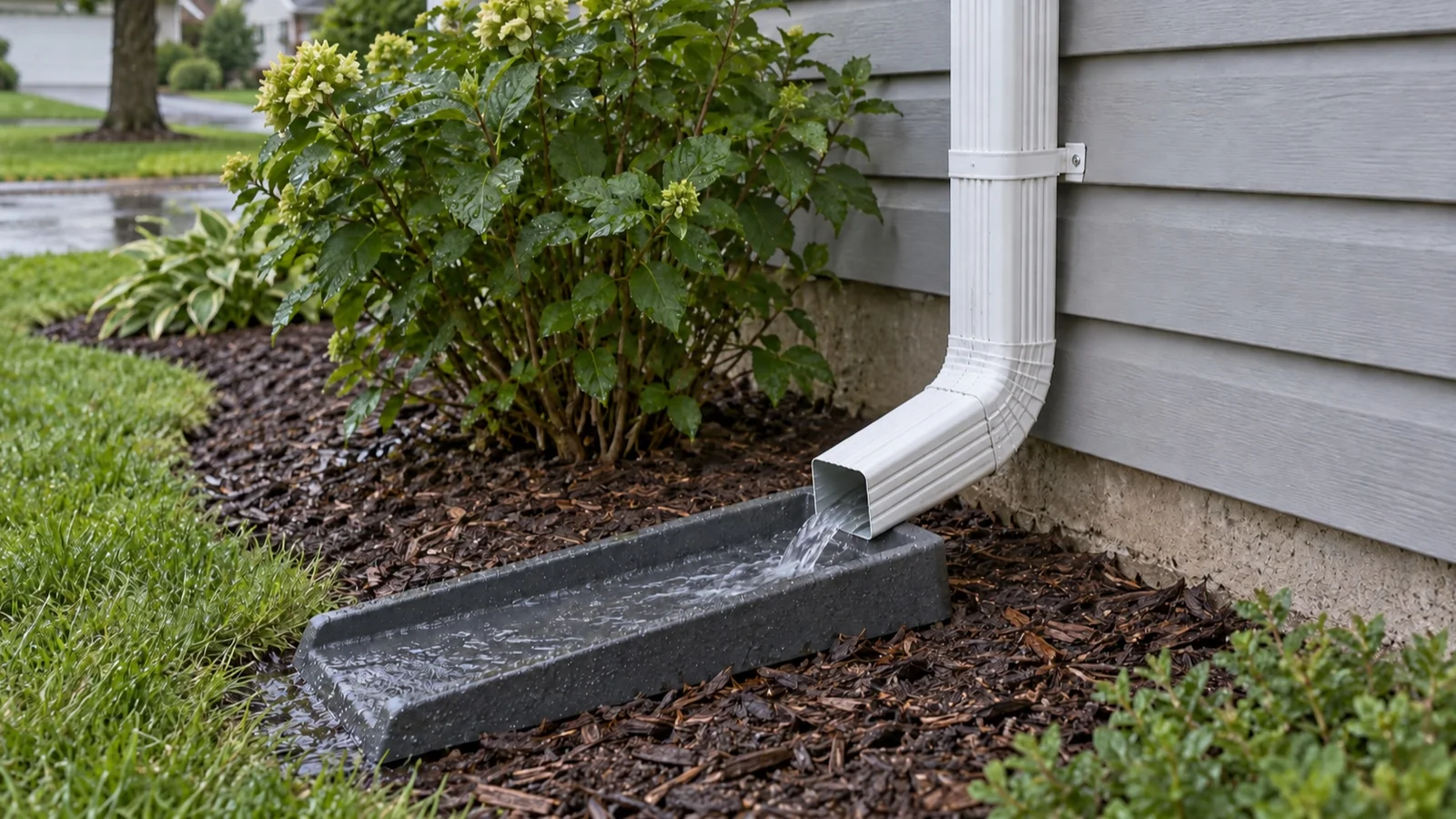 Gutter downspout draining onto a splash block away from the house