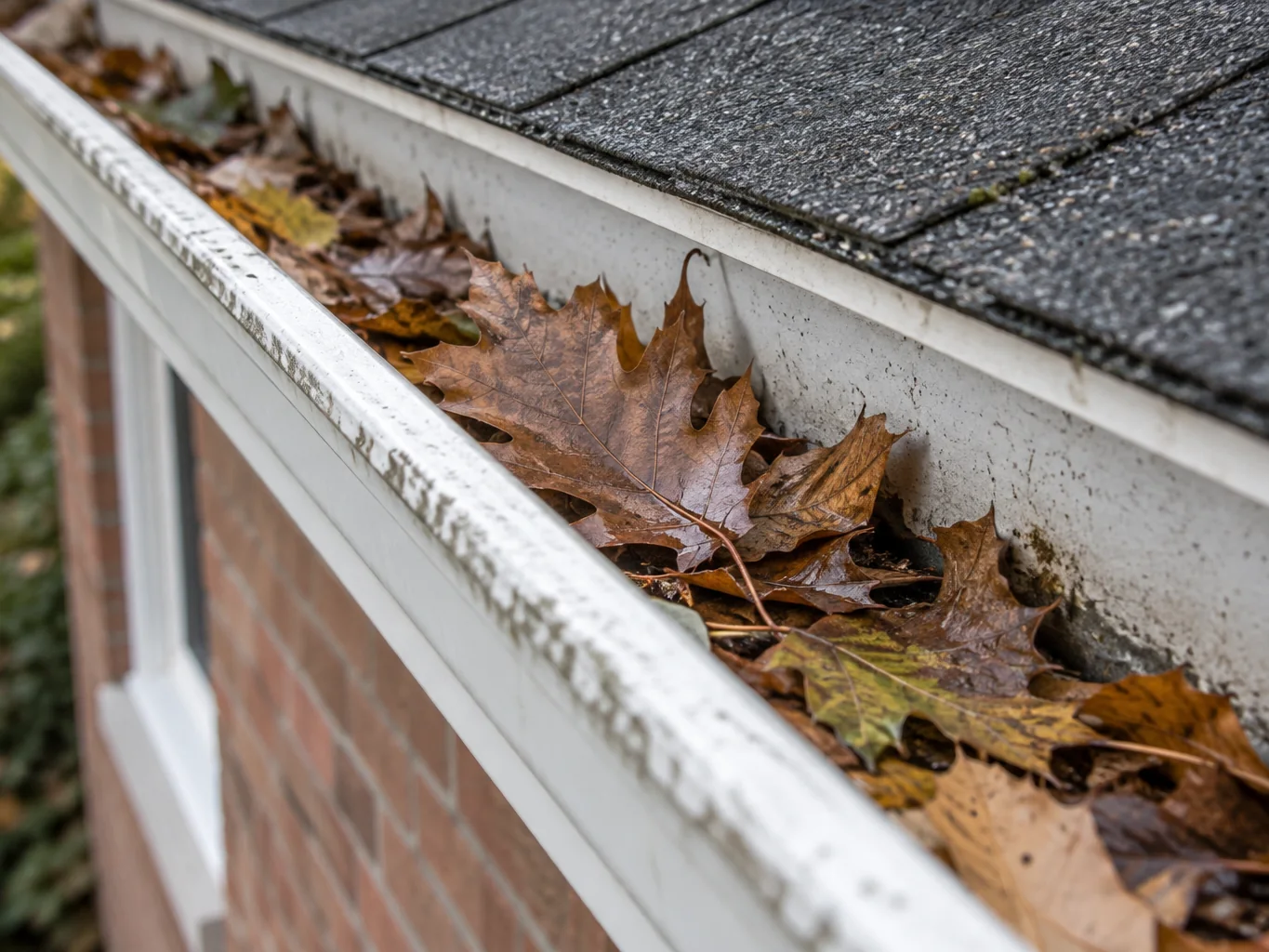 Gutter filled with fallen leaves along a roof edge