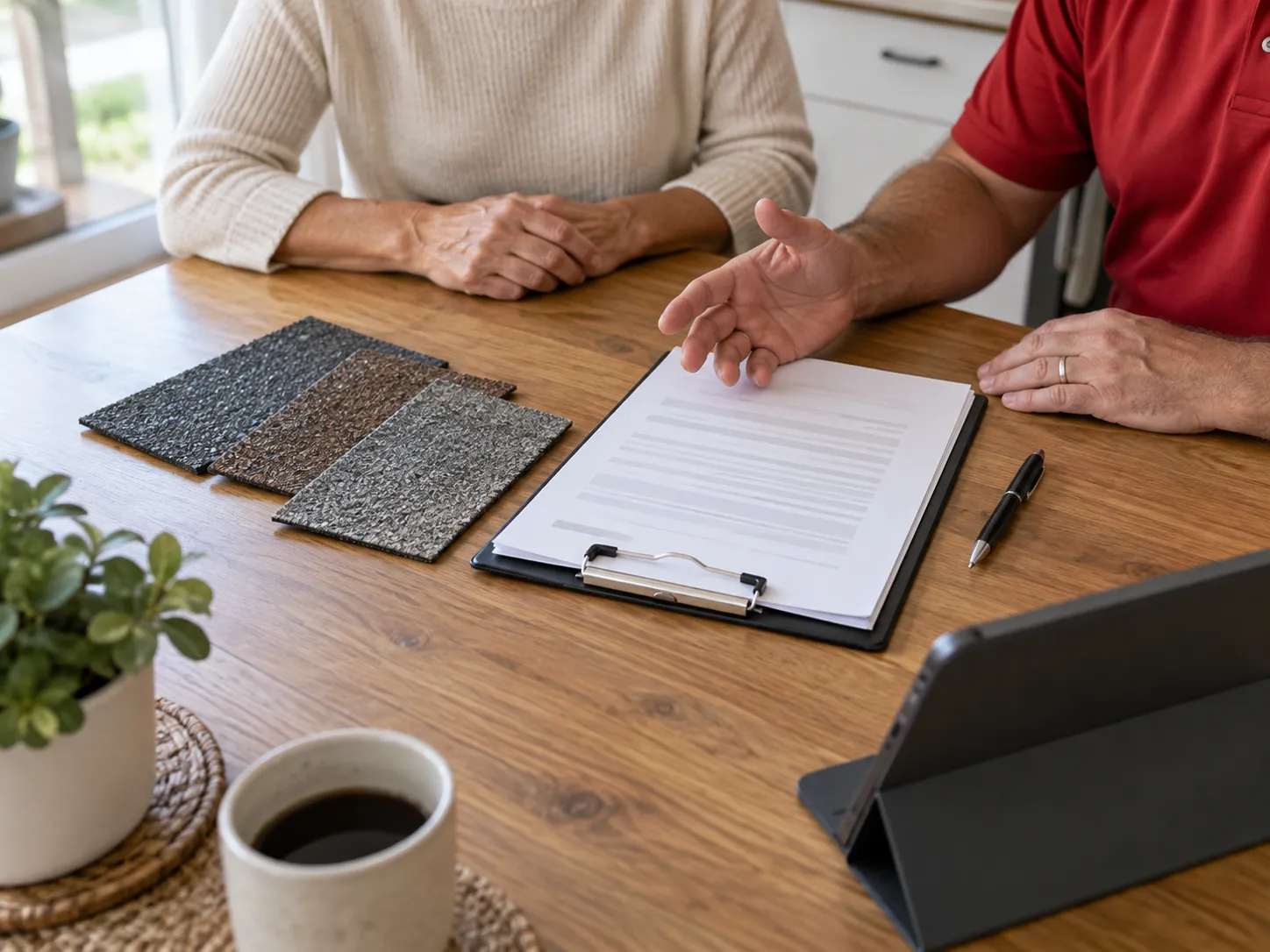 Shingle samples and a written proposal on a kitchen table
