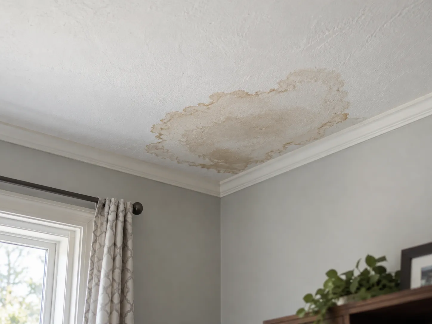 Water stain on a ceiling near an exterior wall