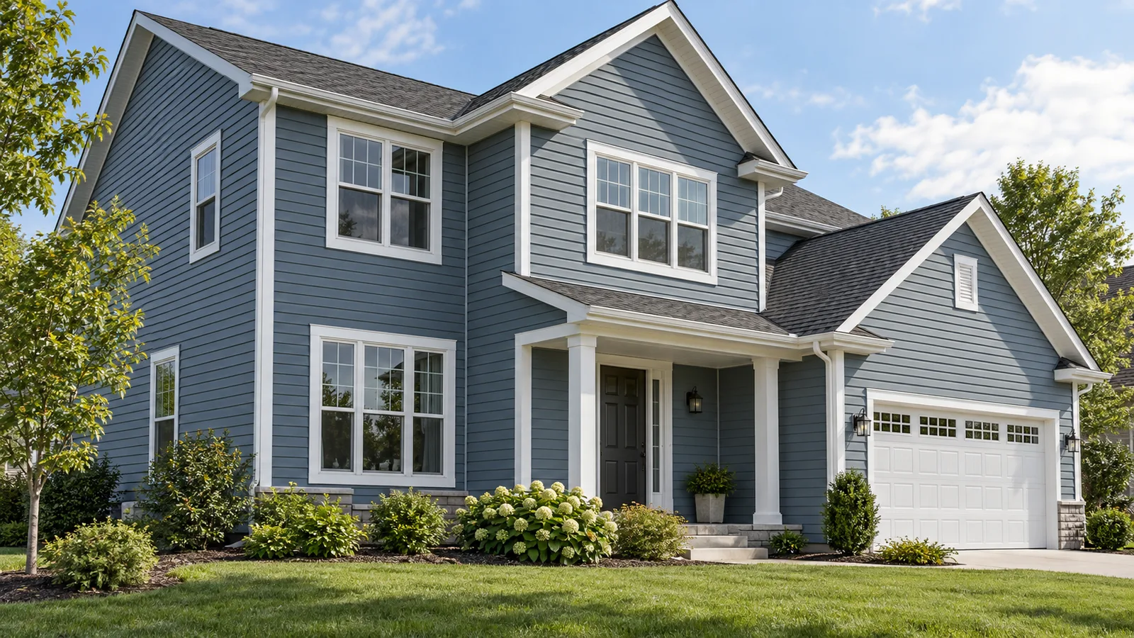Two-story home with blue lap siding and white trim