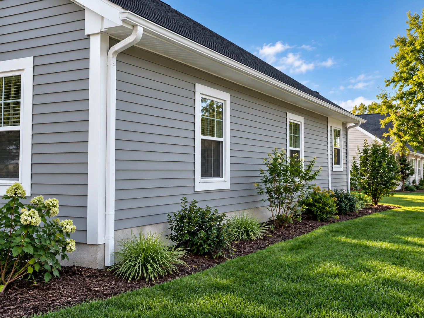 Side of a home with gray lap siding, white trim and a downspout