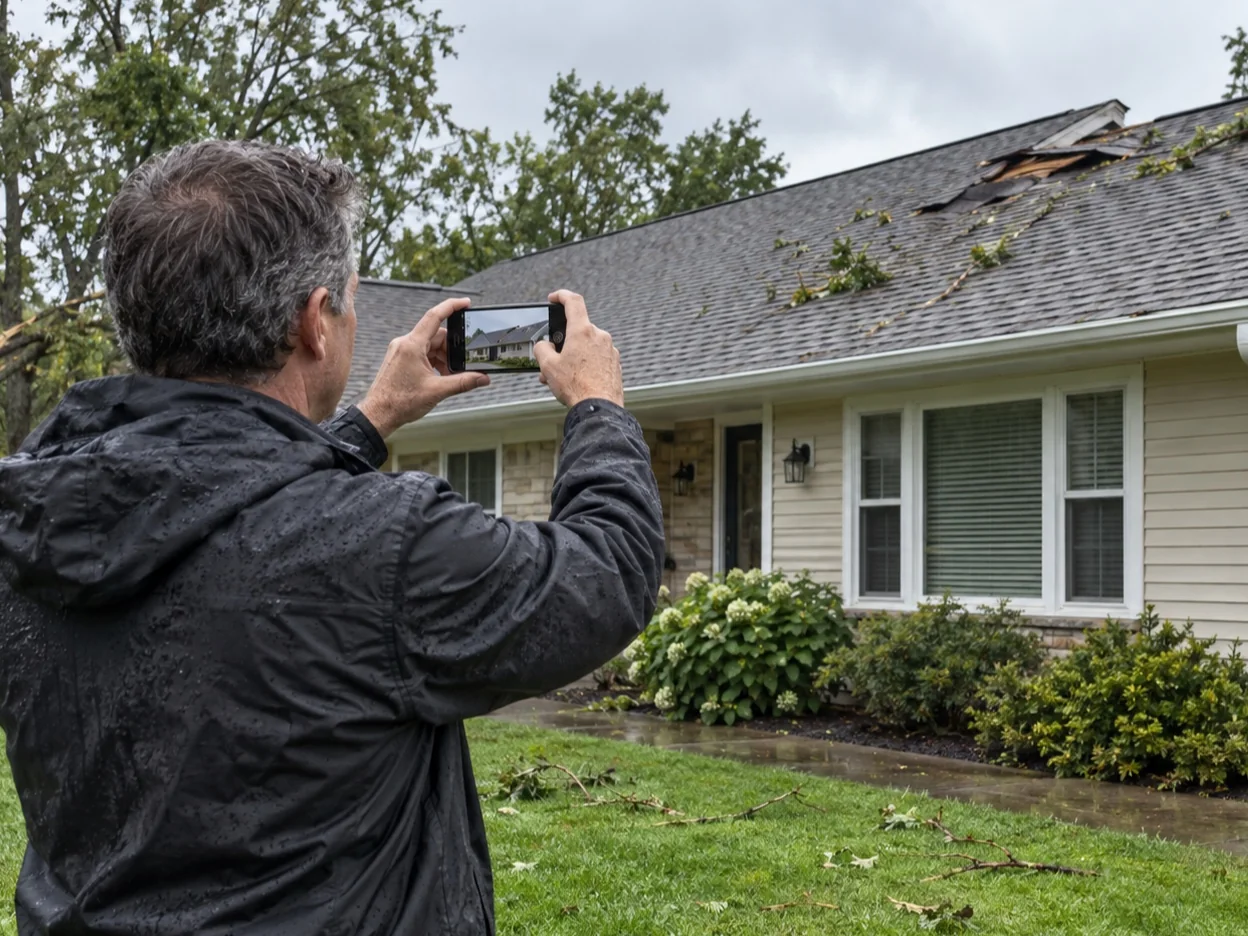 Homeowner photographing the front of a house from the yard after a storm