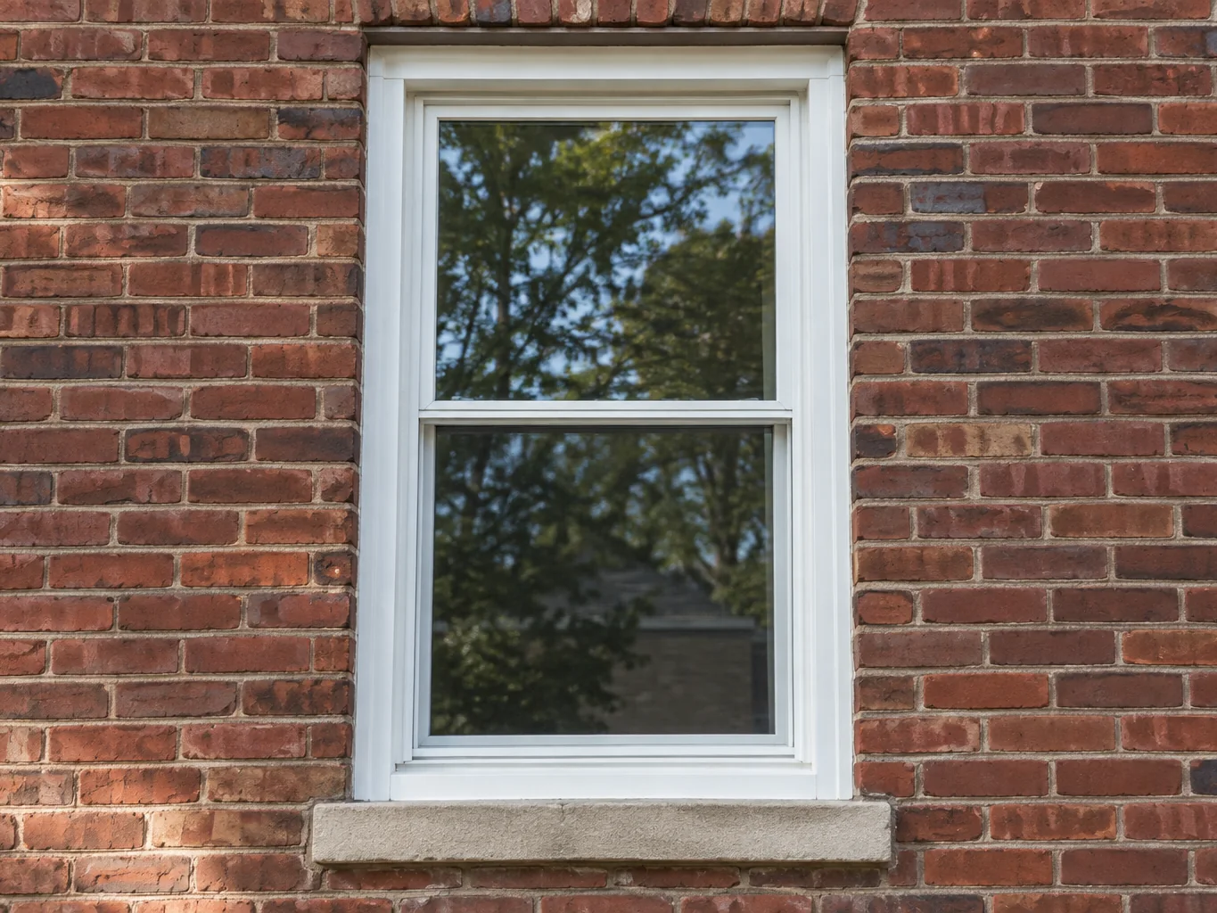 White double-hung window in a brick wall with a stone sill