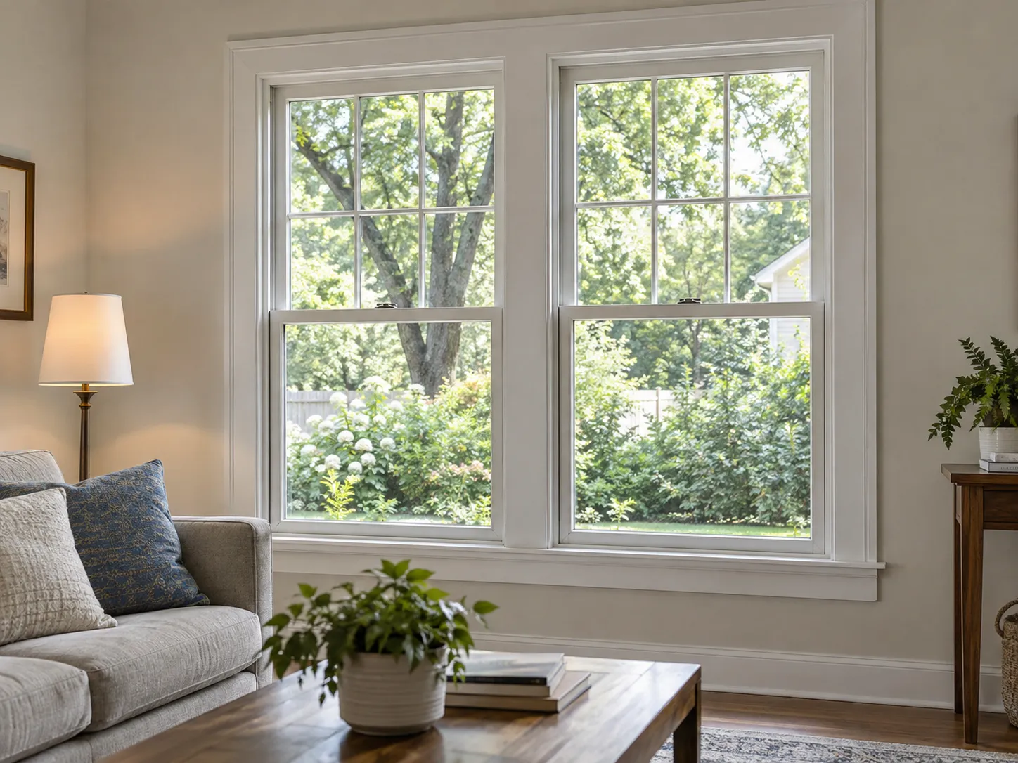 Double-hung windows seen from inside a living room